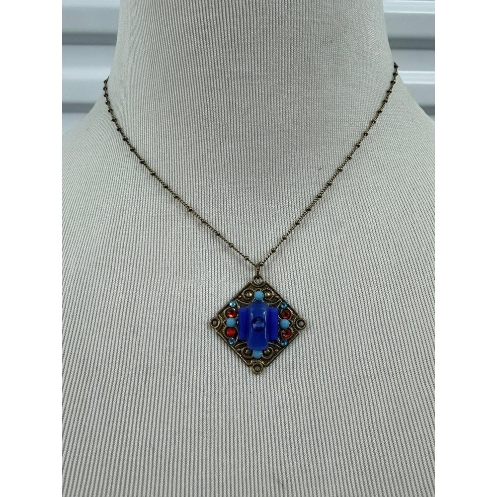 1928 Jewelry Company Vintage Art Deco Style Blue Glass Pendant Necklace